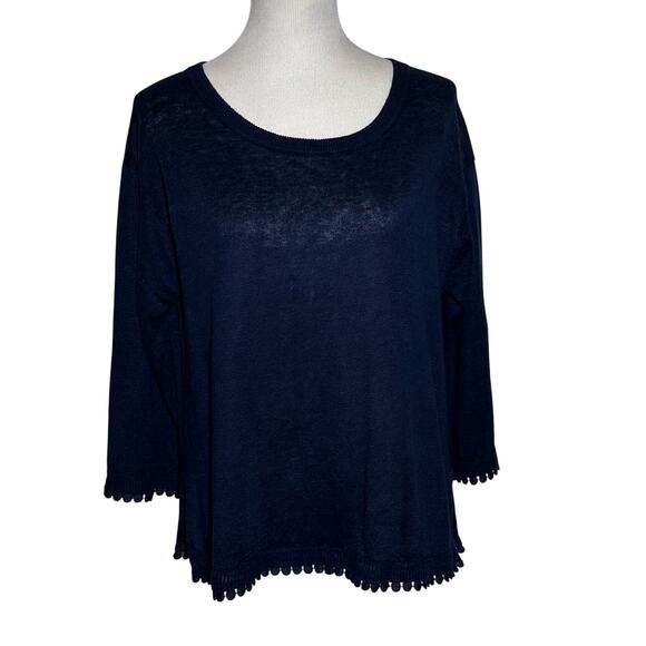 J. Crew 100% Linen Blue Pom Pom Trim 3/4 Sleeve Sweater Size M - Picture 2 of 10